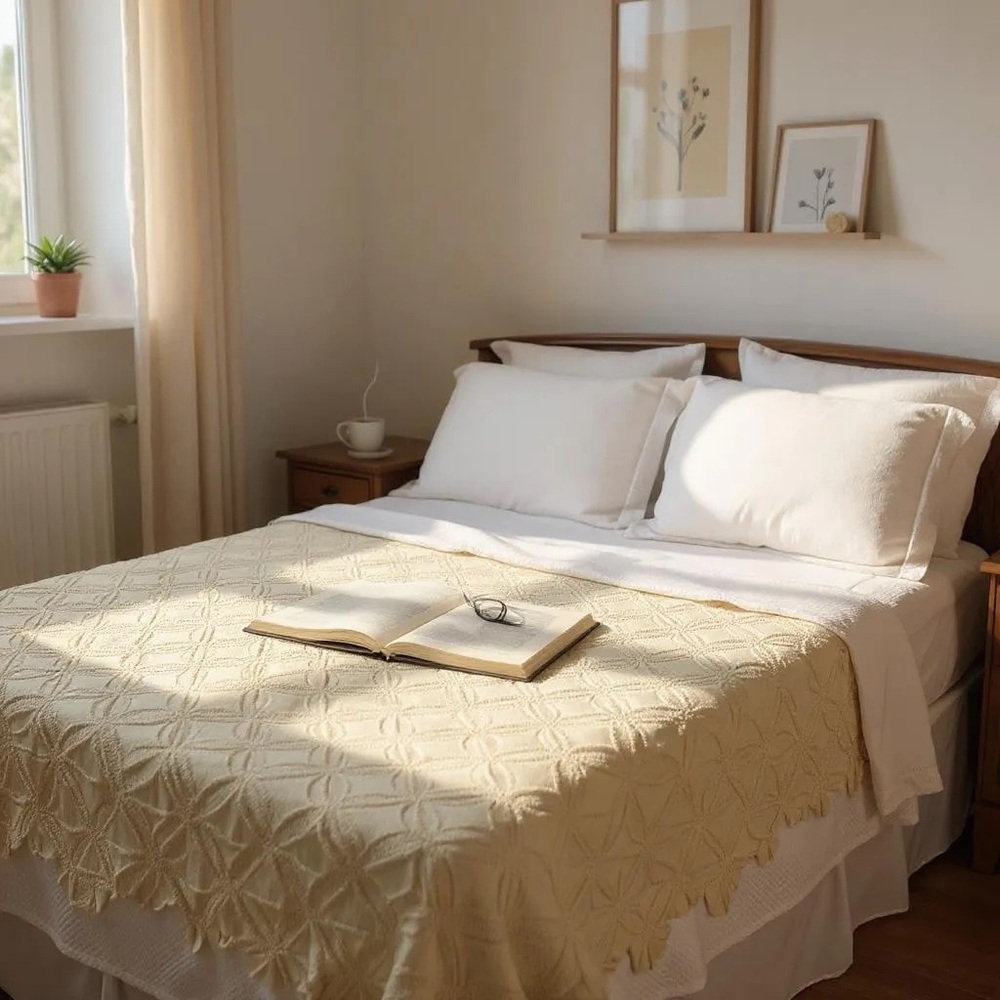 Handmade Heavyweight Crocheted Coverlet In Cream